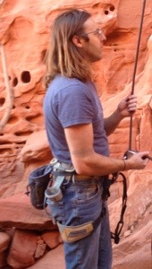Wearing the first pair of Belay Glasses on the market while rock climbing
