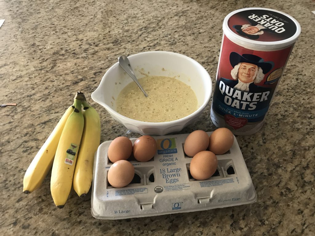 Ingredients for banana oatmeal pancakes - eggs, oatmeal, bananas
