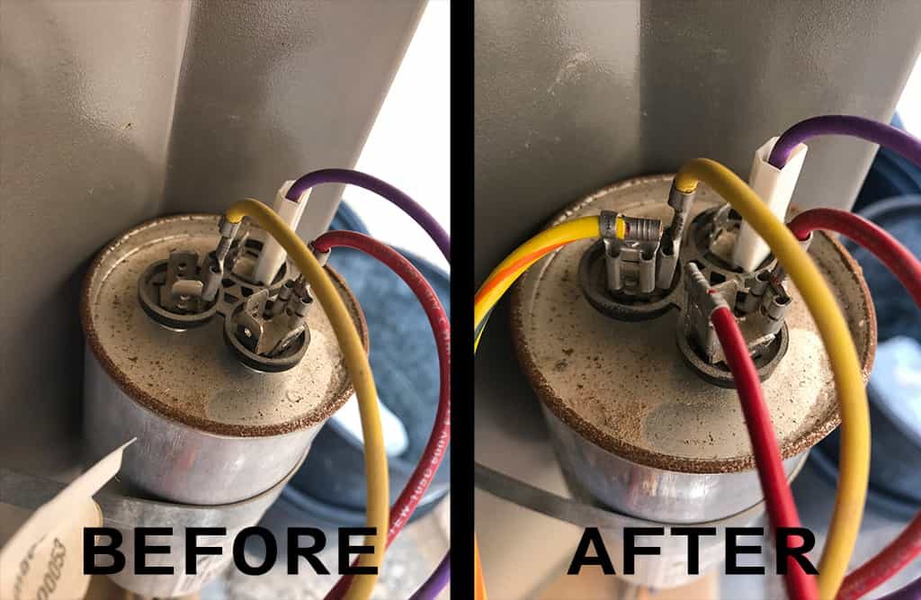 Air Conditioner Run Capacitor Before and After Hard Start Kit red & yellow wire installation